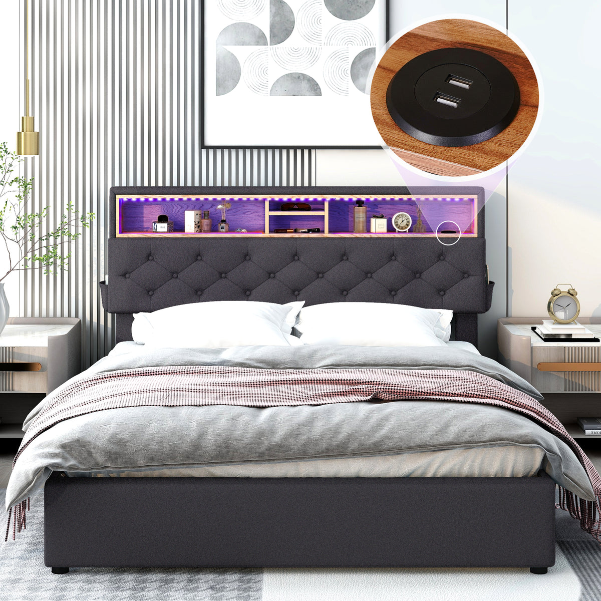Letto Queen con LED e Ricarica USB Grigio Scuro