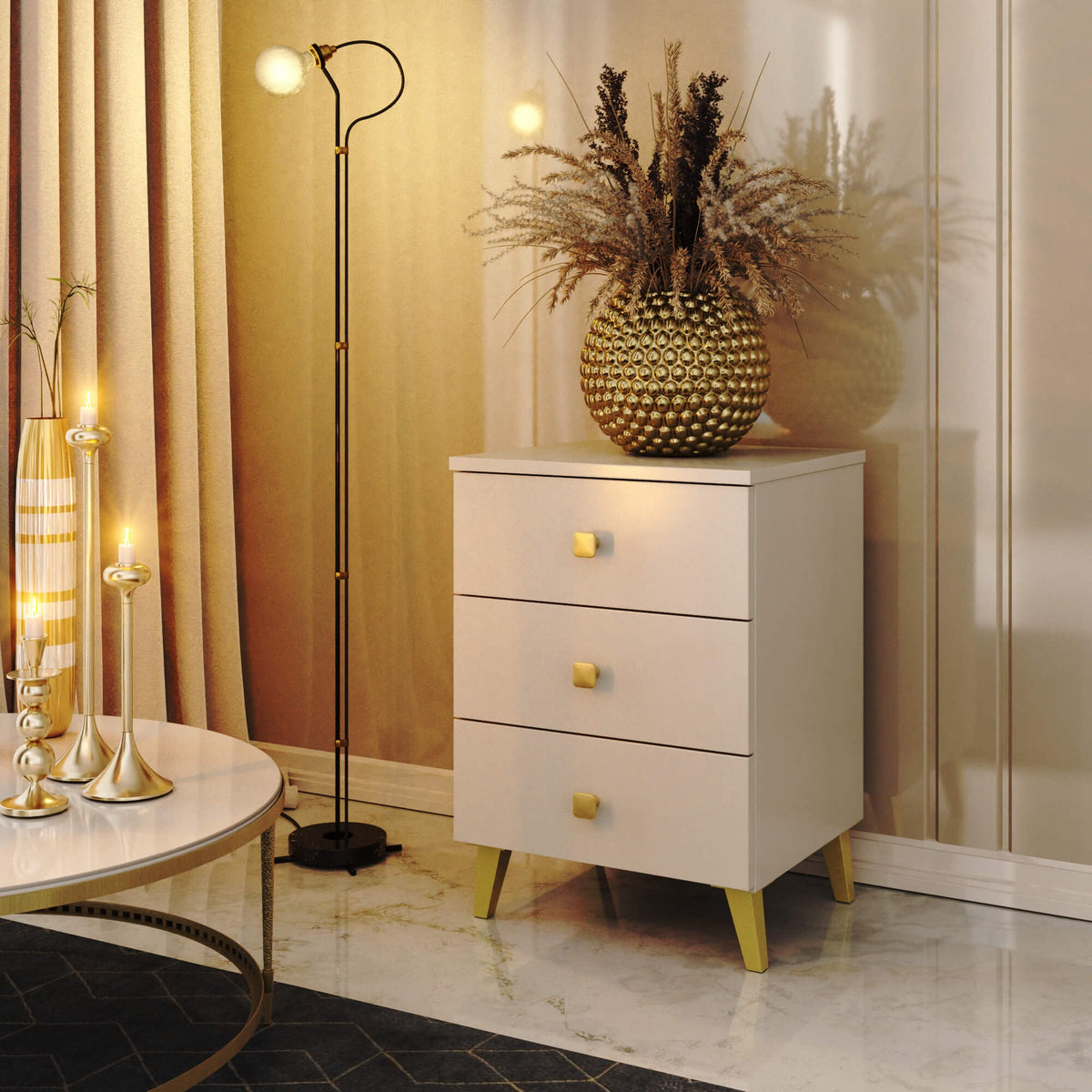 Comodino Nobile 40 cm 3 Cassetti – Cashmere e Oro