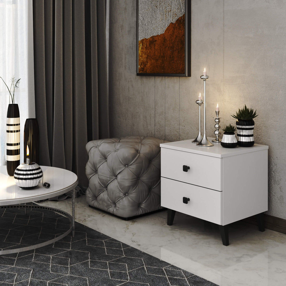 Comodino Mobi 2 Cassetti – Bianco/Nero 40x37x43 cm
