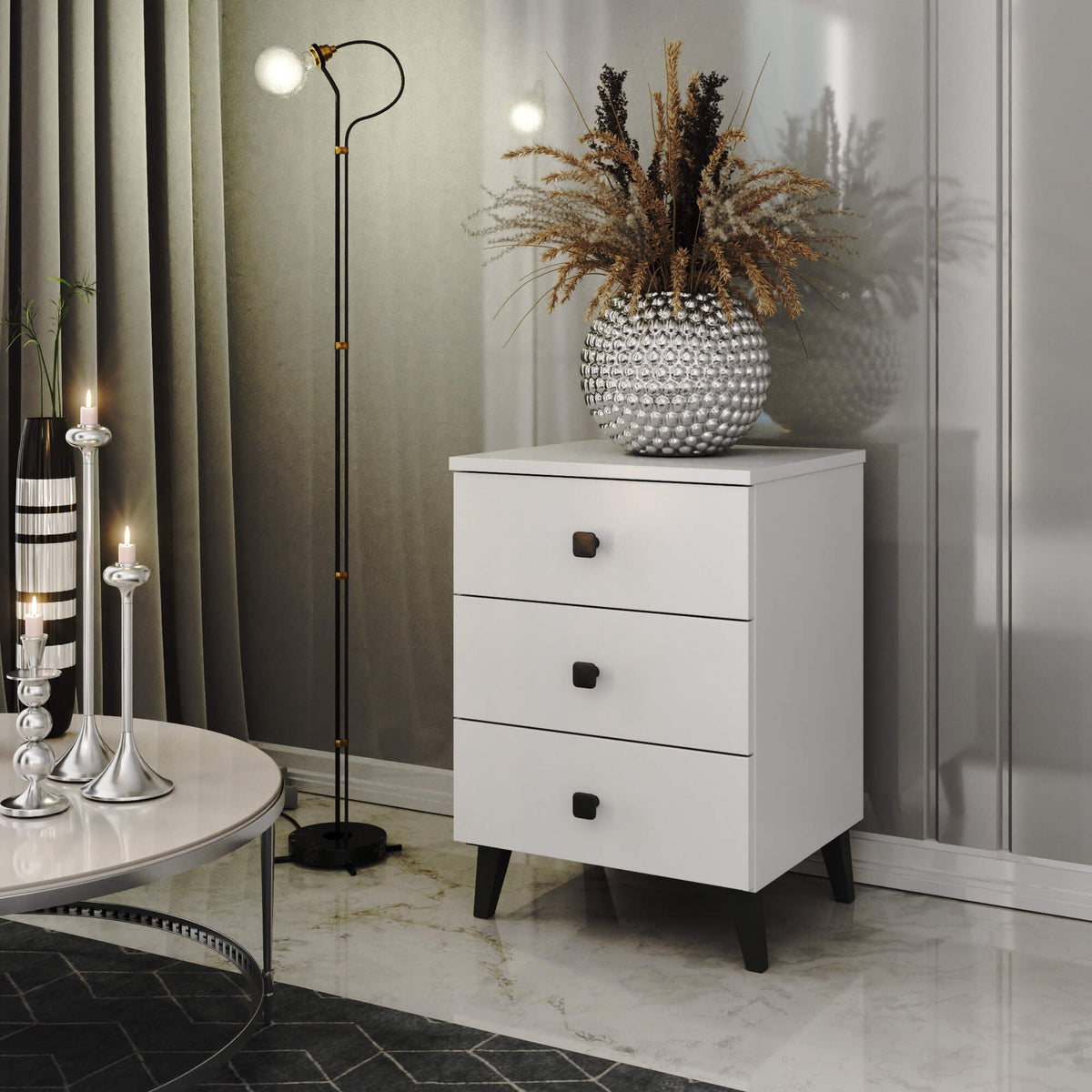 Comodino Mobi 3 Cassetti – Bianco/Nero 40x37x58 cm