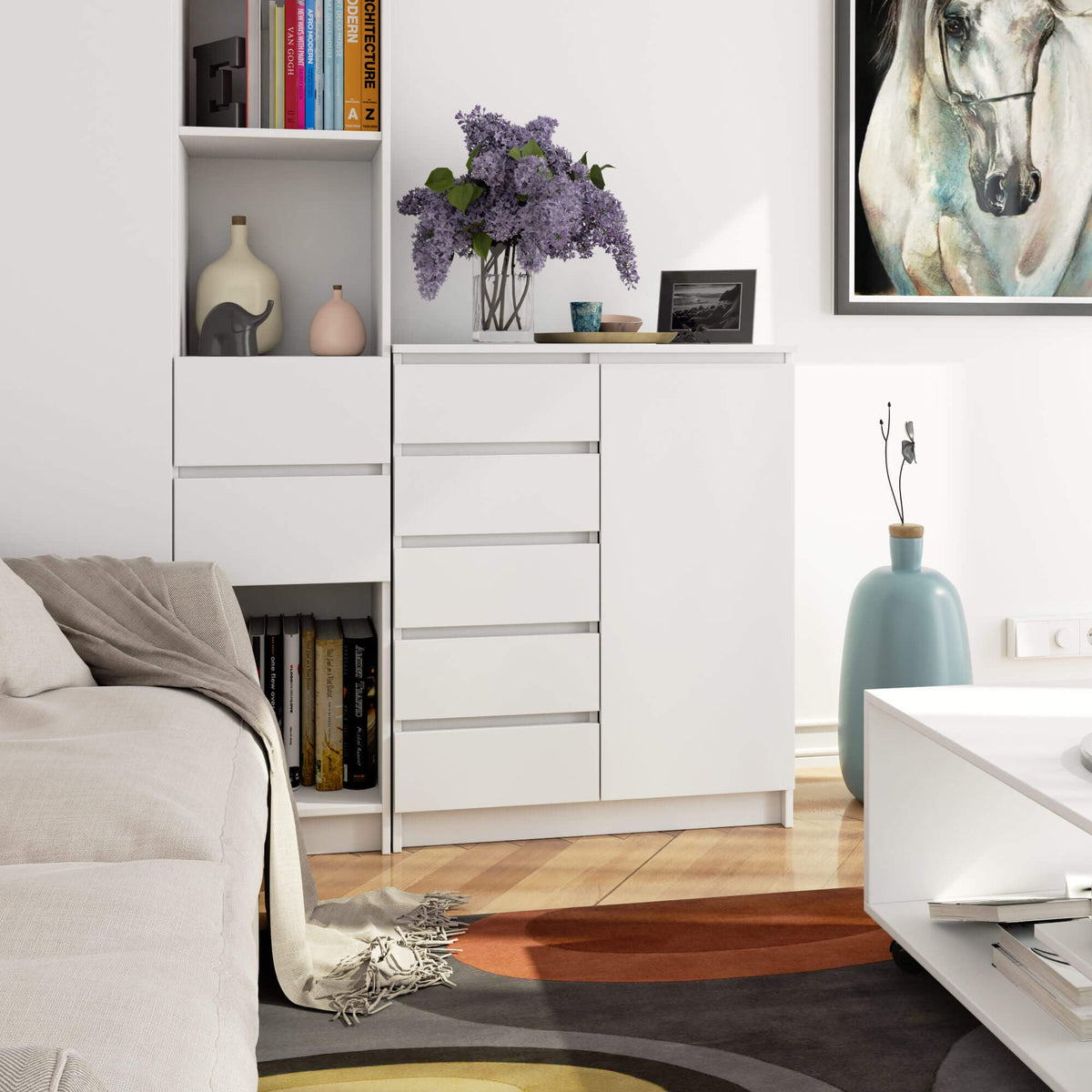 Cassettiera Linea 80 cm 1 Anta 5 Cassetti – Bianco