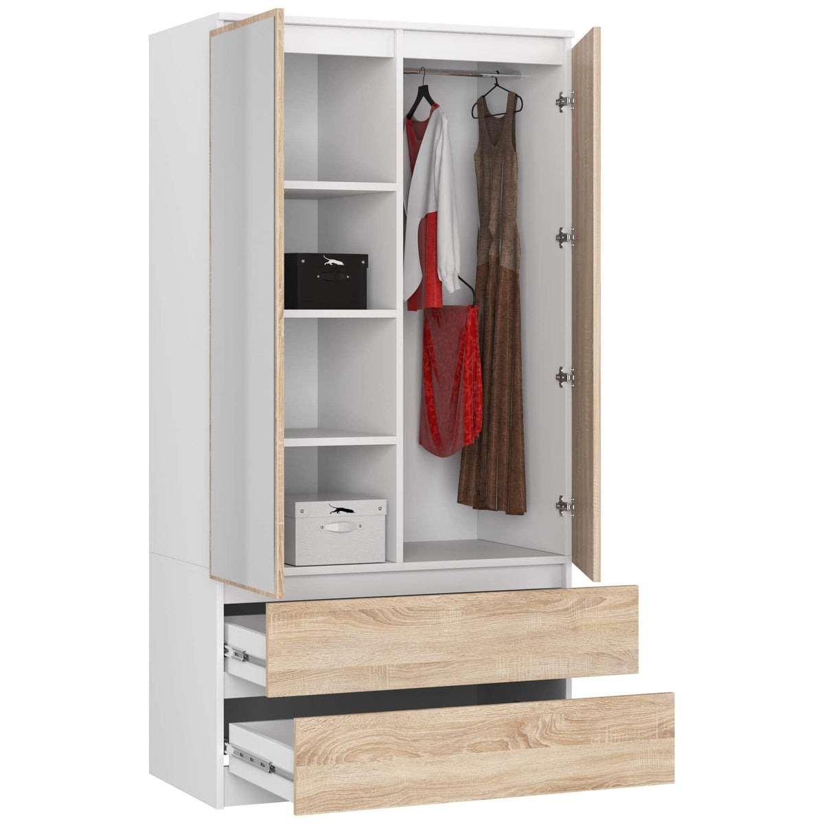 Armadio S 90 cm 2 Ante Specchio 2 Cassetti — Bianco/Sonoma