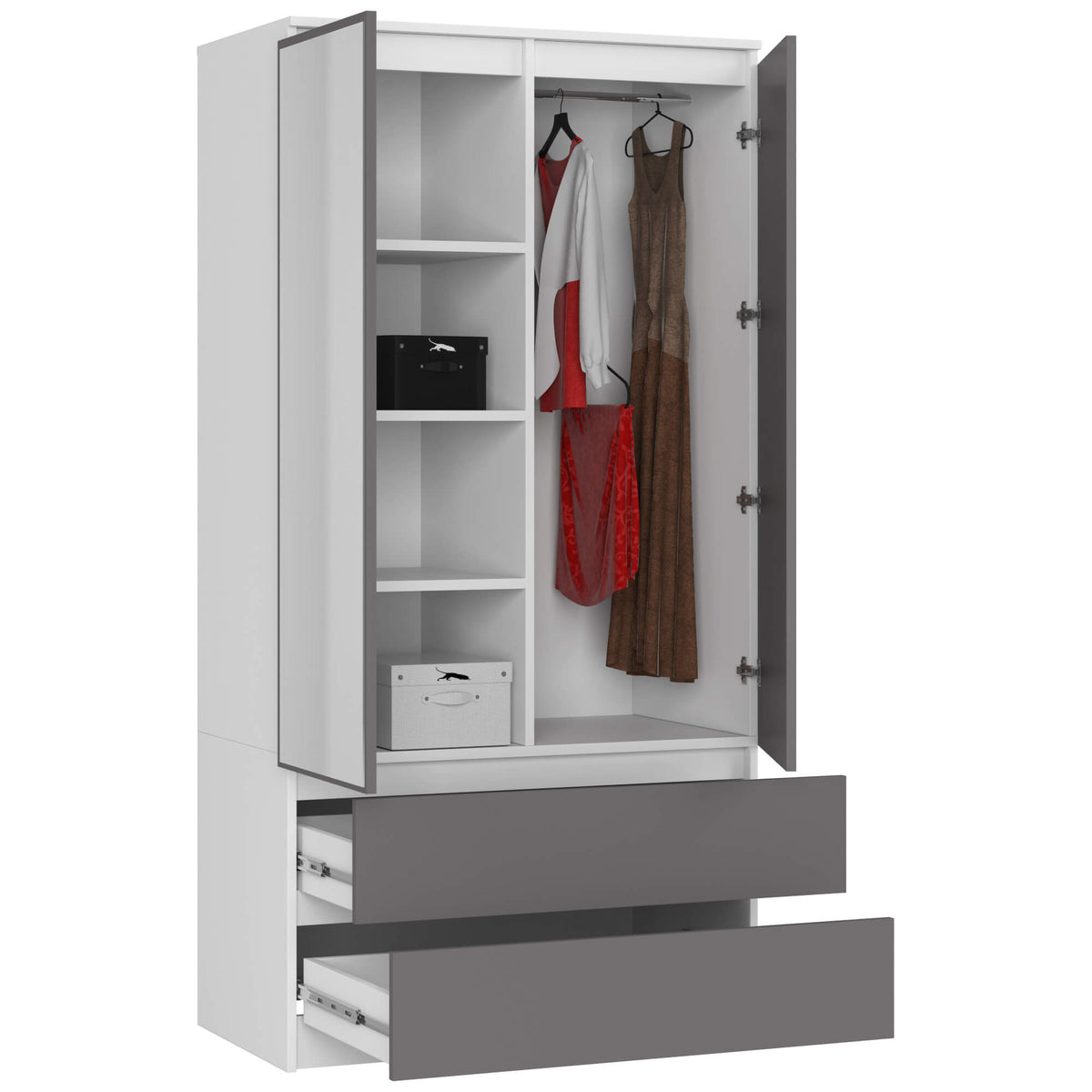 Armadio Nobile 90 cm 2 Ante 2 Cassetti 2 Specchi – Bianco/Grigio Grafite