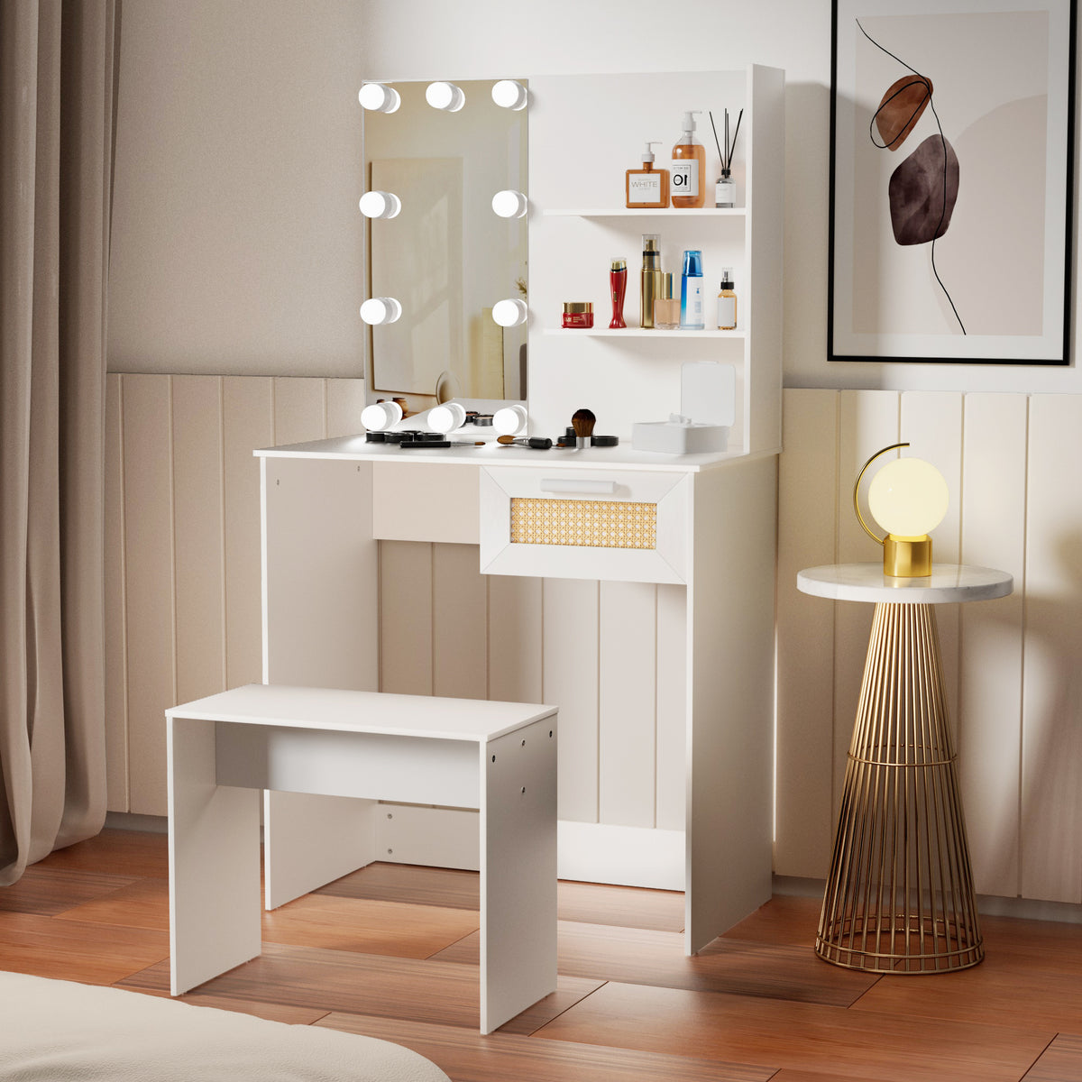 Toeletta Bianca con LED e Cassetti Legno