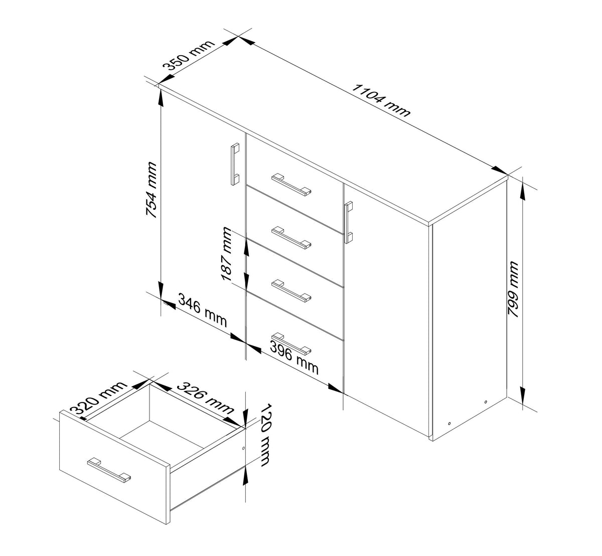 Cassettiera Linea 110 cm 2 Ante 4 Cassetti – Bianco/Grafite