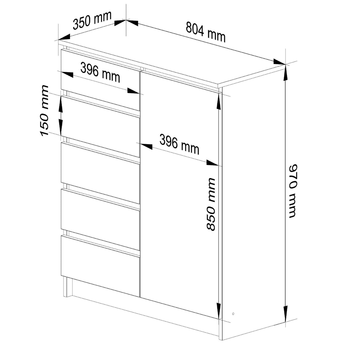 Cassettiera Linea 80 cm 1 Anta 5 Cassetti – Rovere/Bianco