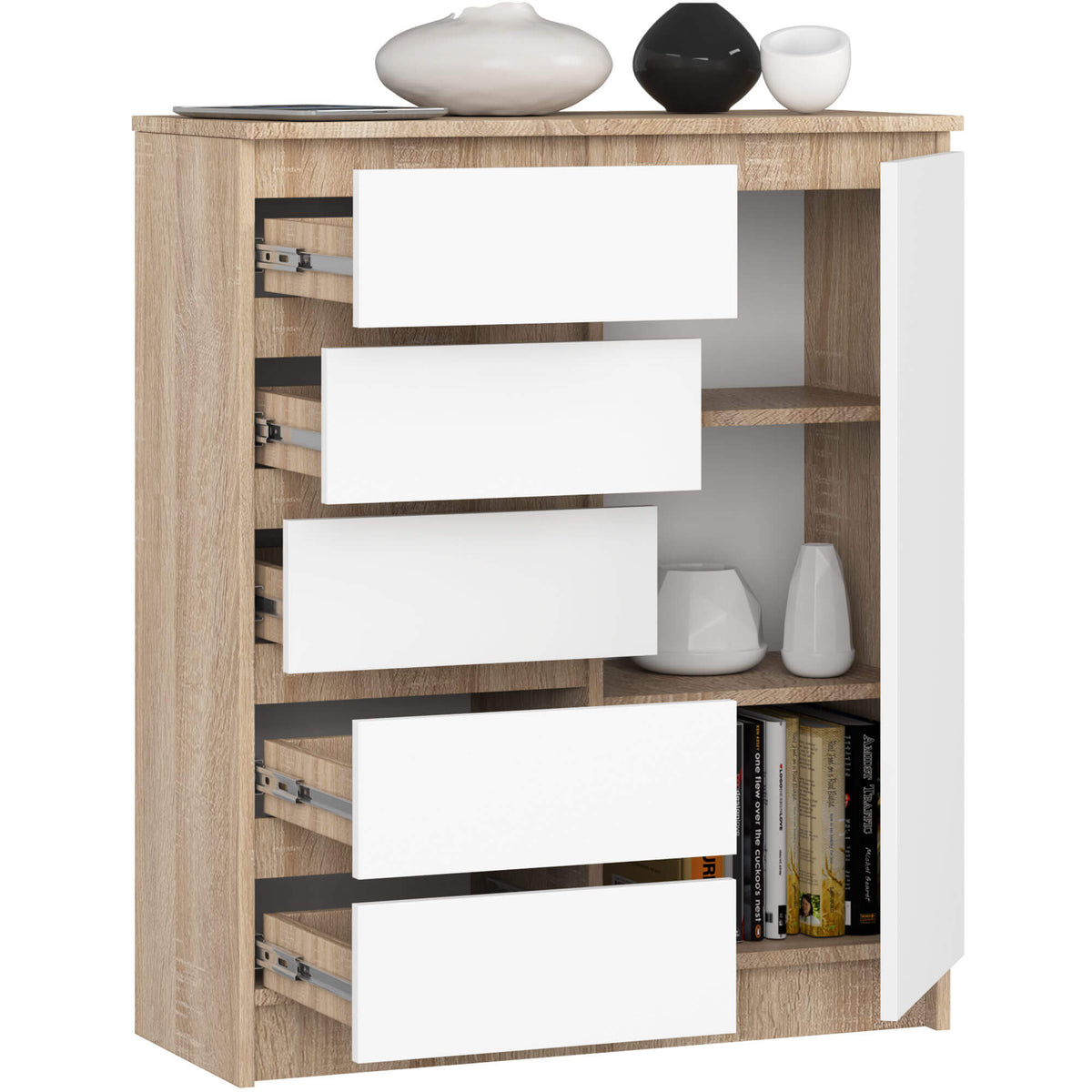 Cassettiera Linea 80 cm 1 Anta 5 Cassetti – Rovere/Bianco