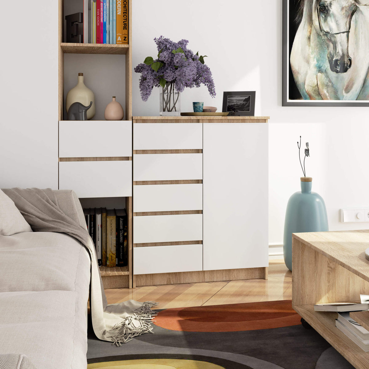 Cassettiera Linea 80 cm 1 Anta 5 Cassetti – Rovere/Bianco