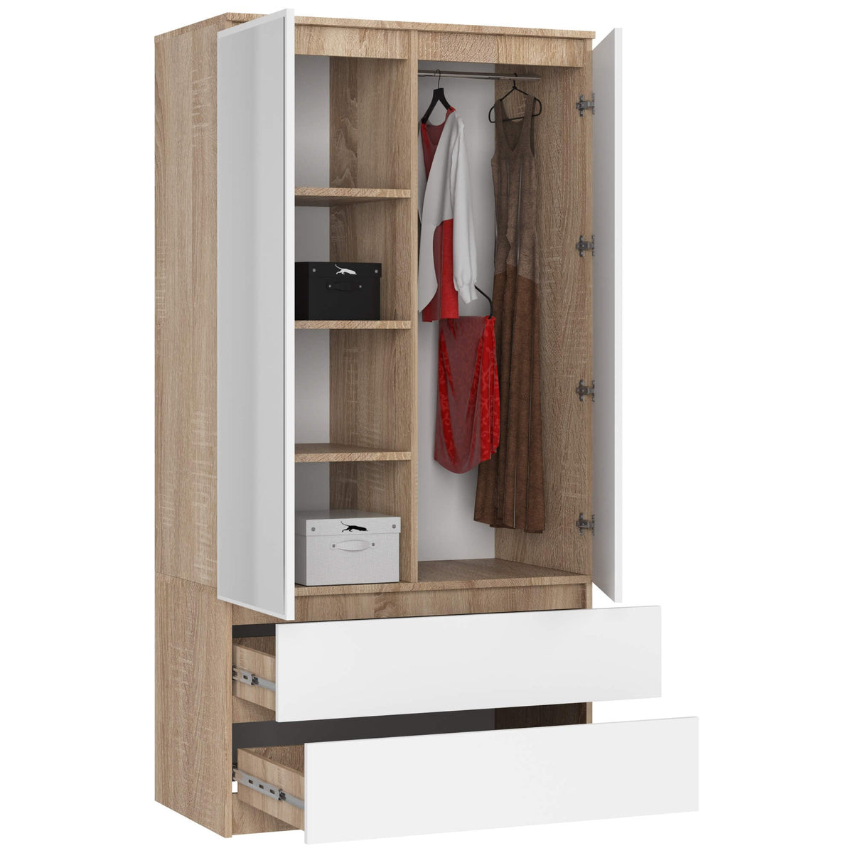 Armadio S 90 cm 2 Ante Specchio 2 Cassetti — Sonoma/Bianco