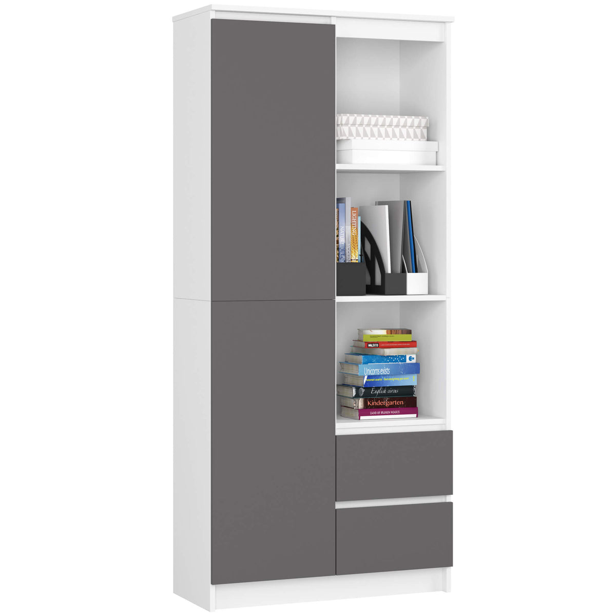 Libreria Nobile 80 cm 1 Anta 2 Cassetti – Bianco/Grafite