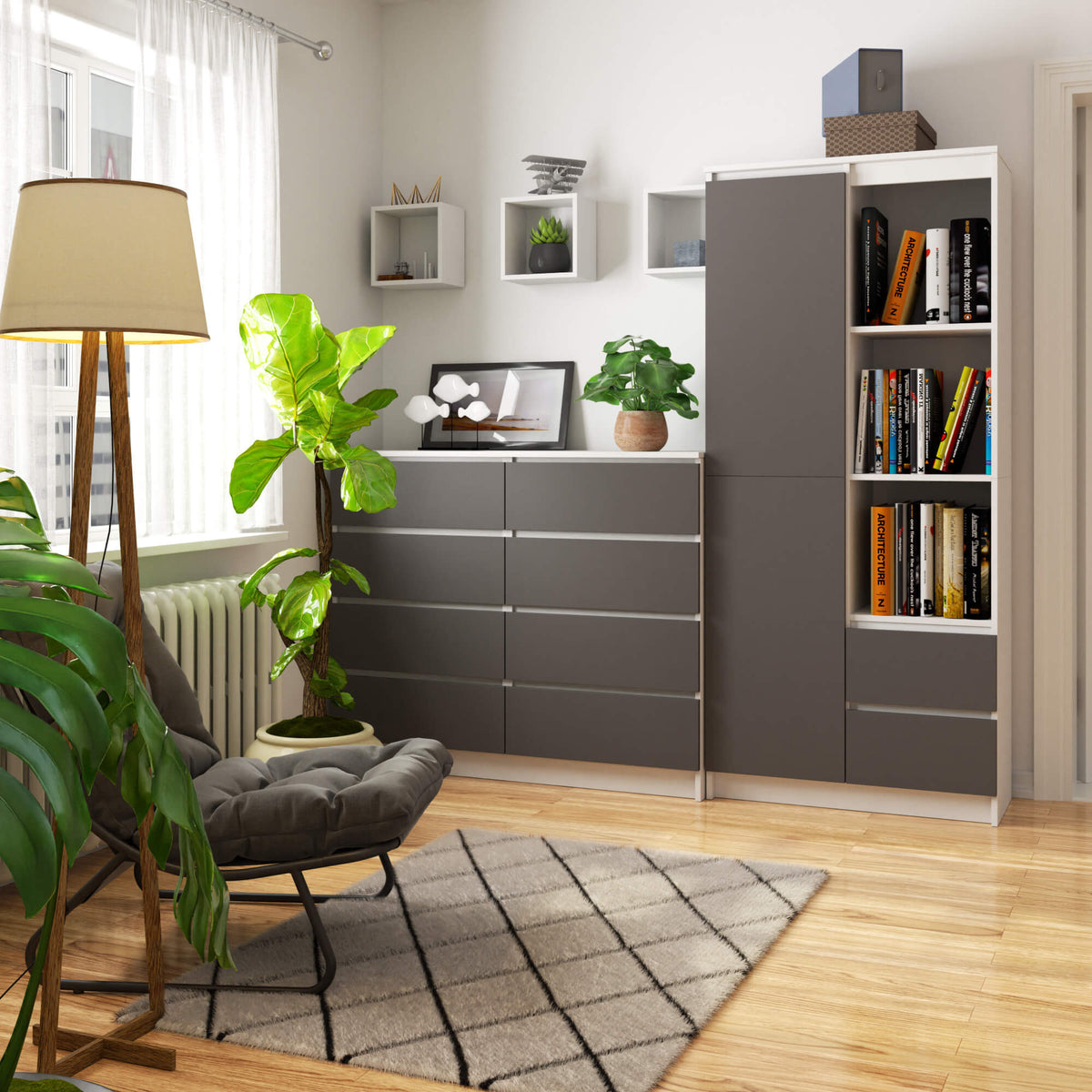 Libreria Nobile 80 cm 1 Anta 2 Cassetti – Bianco/Grafite