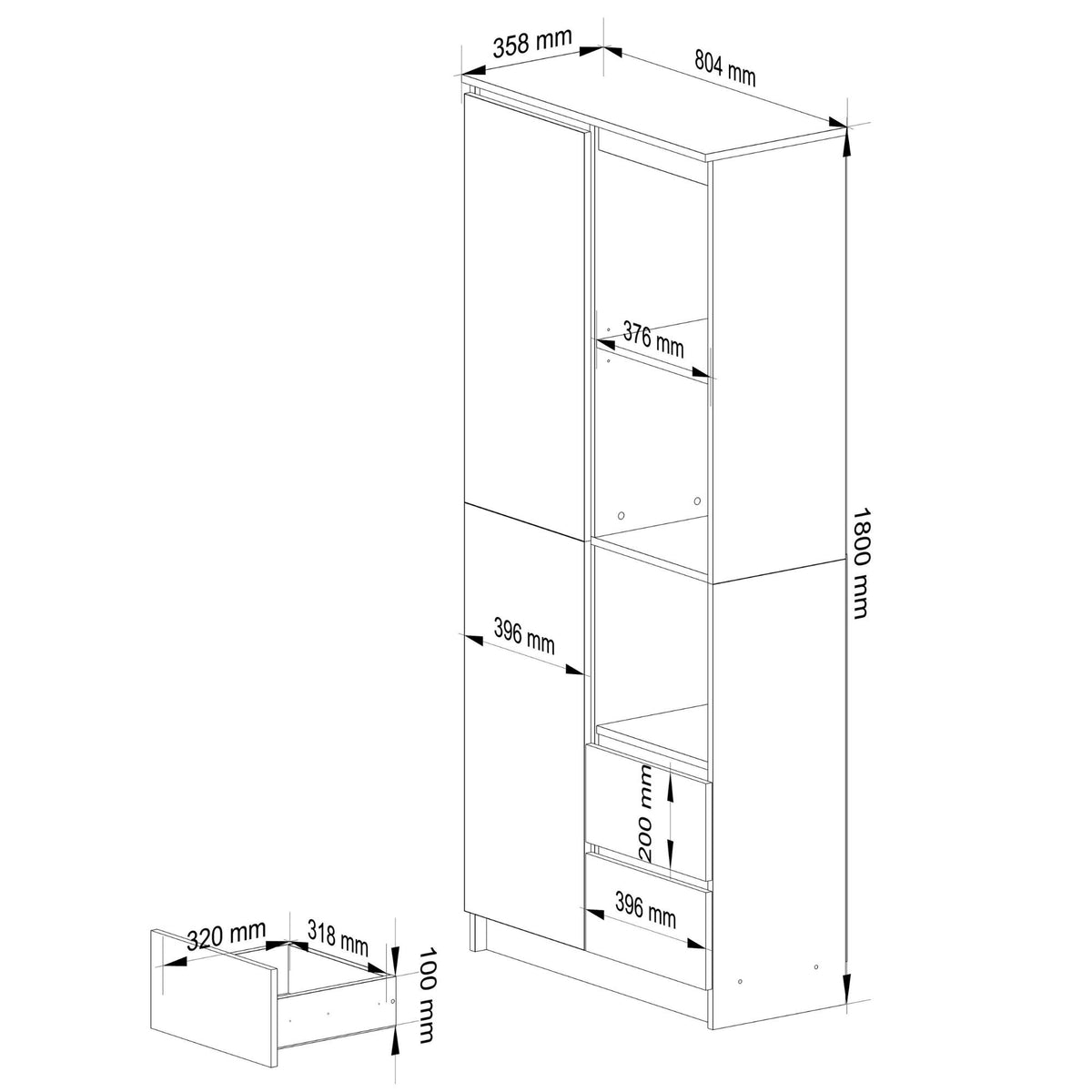 Libreria Nobile 80 cm 1 Anta 2 Cassetti – Bianco/Grafite