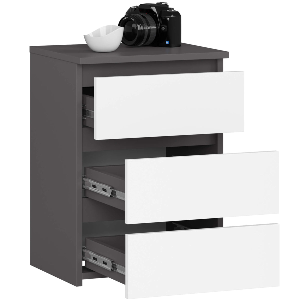 Comodino Nobile 3 Cassetti – Grafite/Bianco 40x35x57 cm
