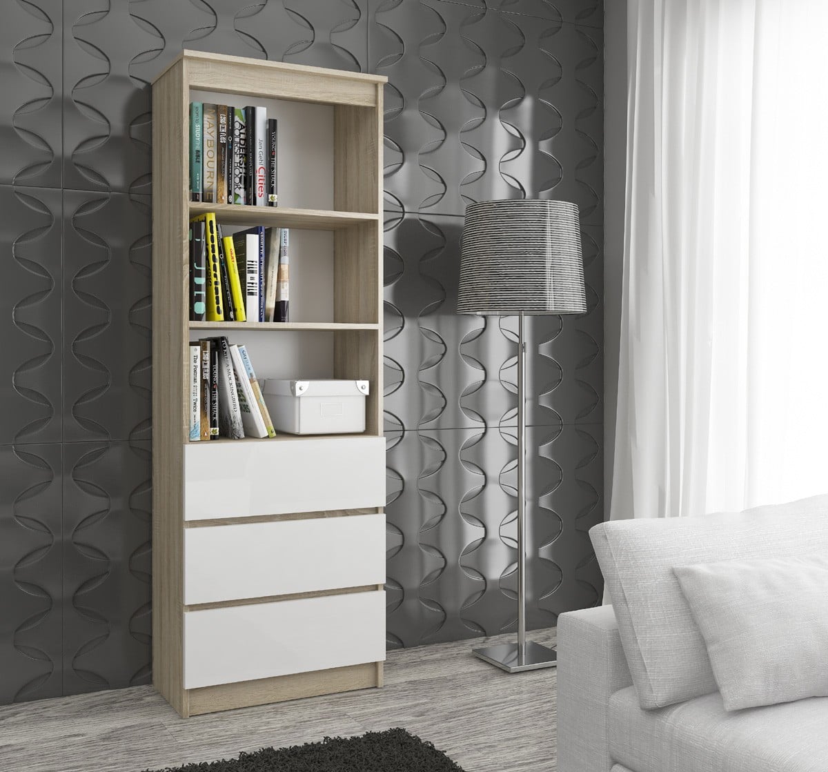 Libreria Linea 60 cm 3 Cassetti – Sonoma/Bianco