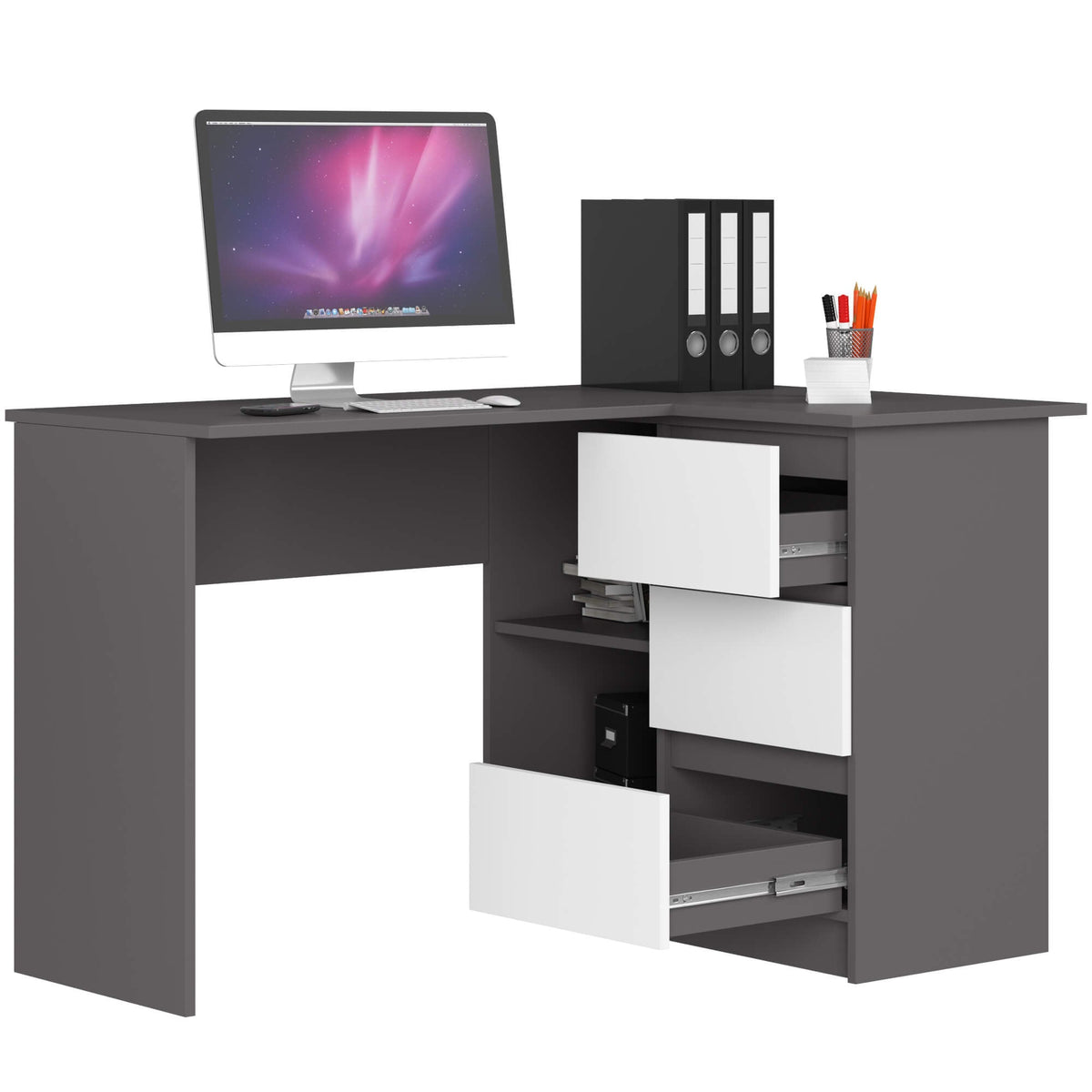 Scrivania Angolare Linea Destra 3 Cassetti – Grigio/Bianco 124x85x77 cm