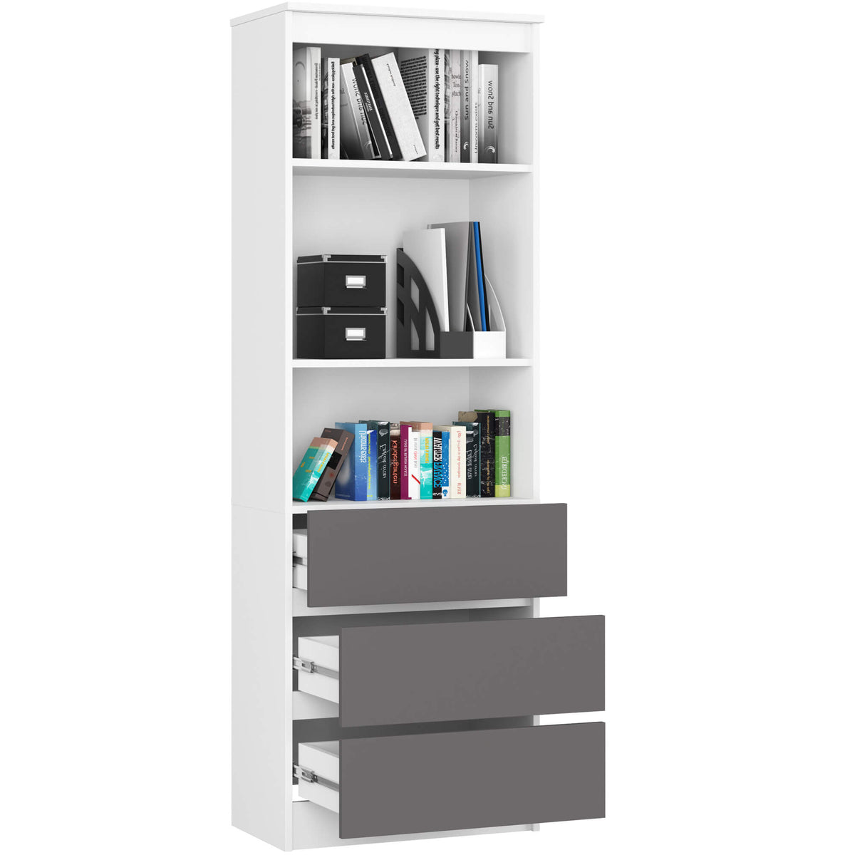 Libreria 60 cm 3 Cassetti 2 Ripiani – Bianco/Grigio