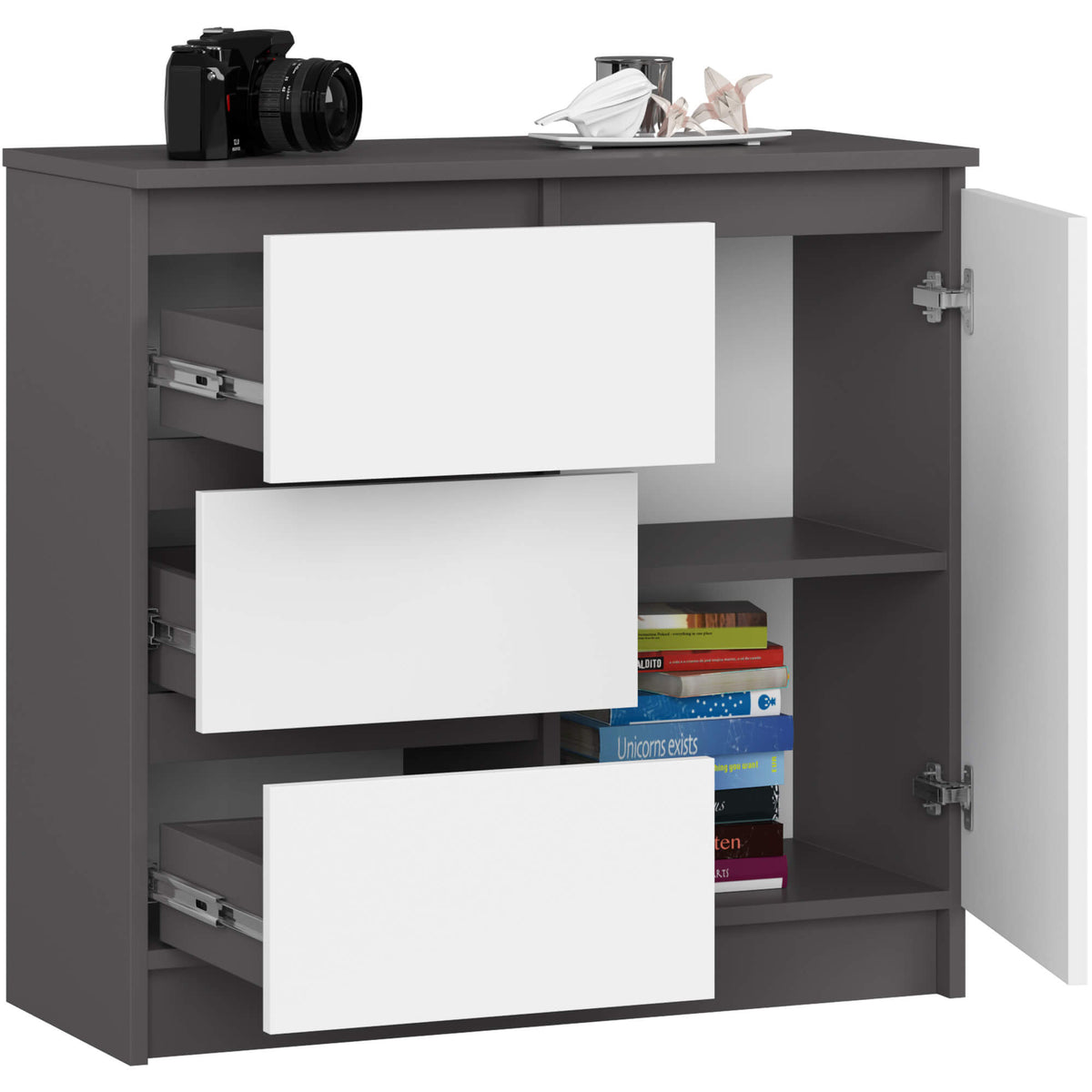 Cassettiera Aria 80 cm 1 Anta 3 Cassetti – Grafite/Bianco