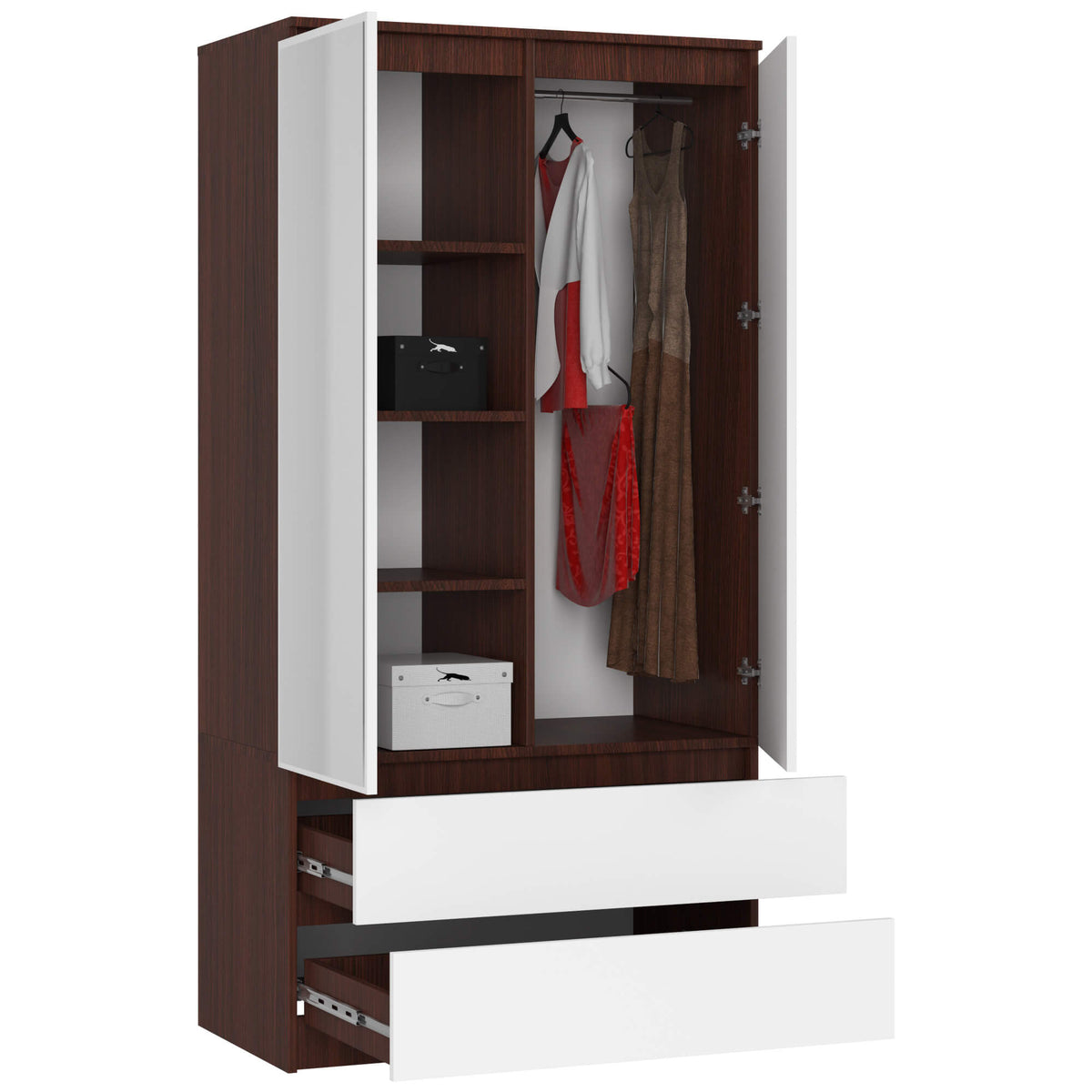 Armadio Nobile 90 cm 2 Ante 2 Cassetti con Specchi – Wenge/Bianco