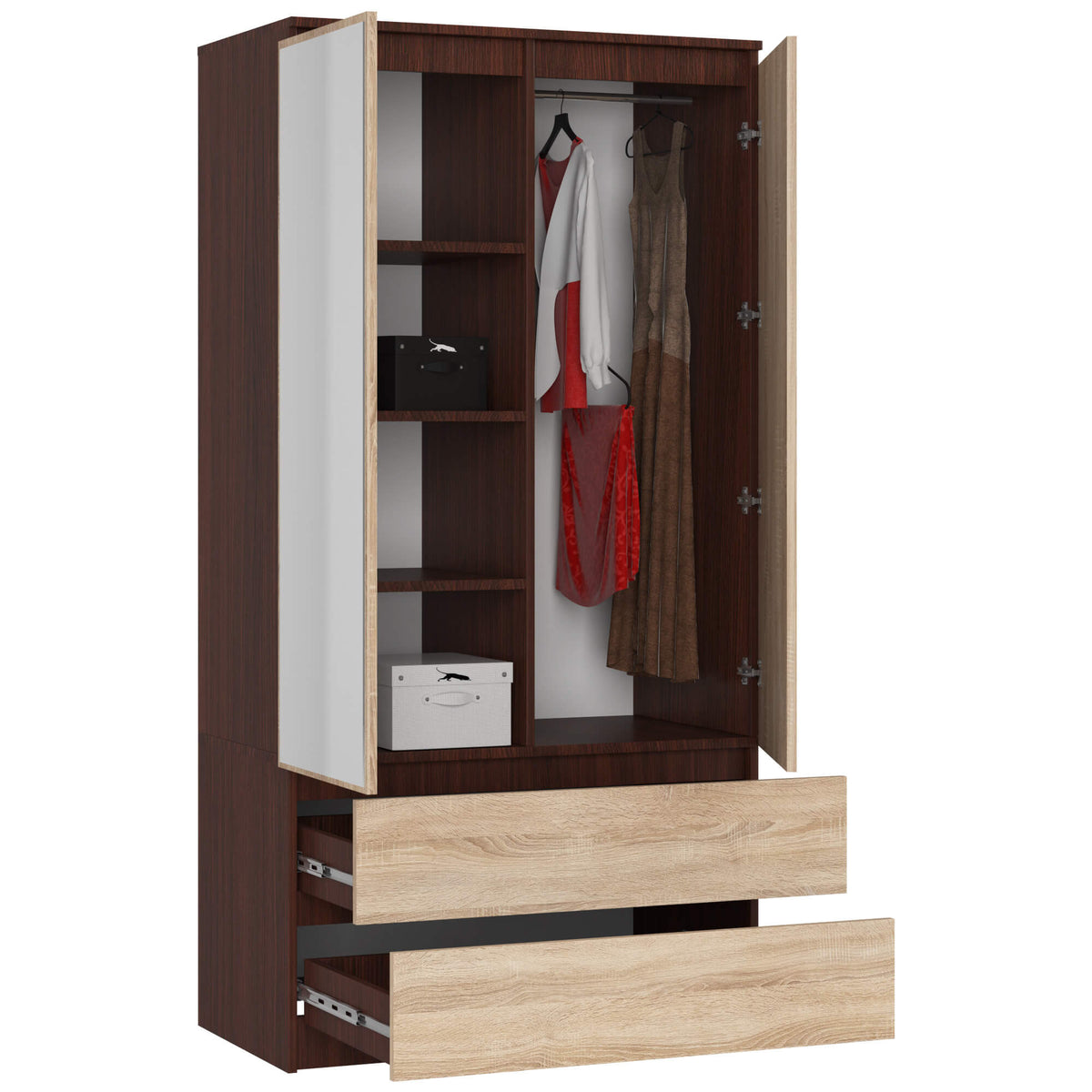 Armadio Linea 90 cm 2 Ante Specchio 2 Cassetti — Wengè/Sonoma