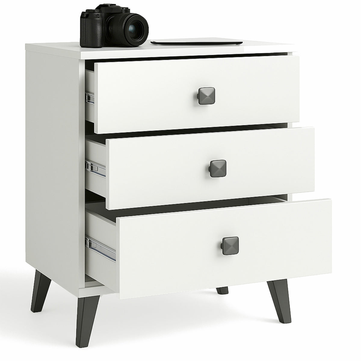 Comodino Mobi 3 Cassetti – Bianco/Nero 40x37x58 cm