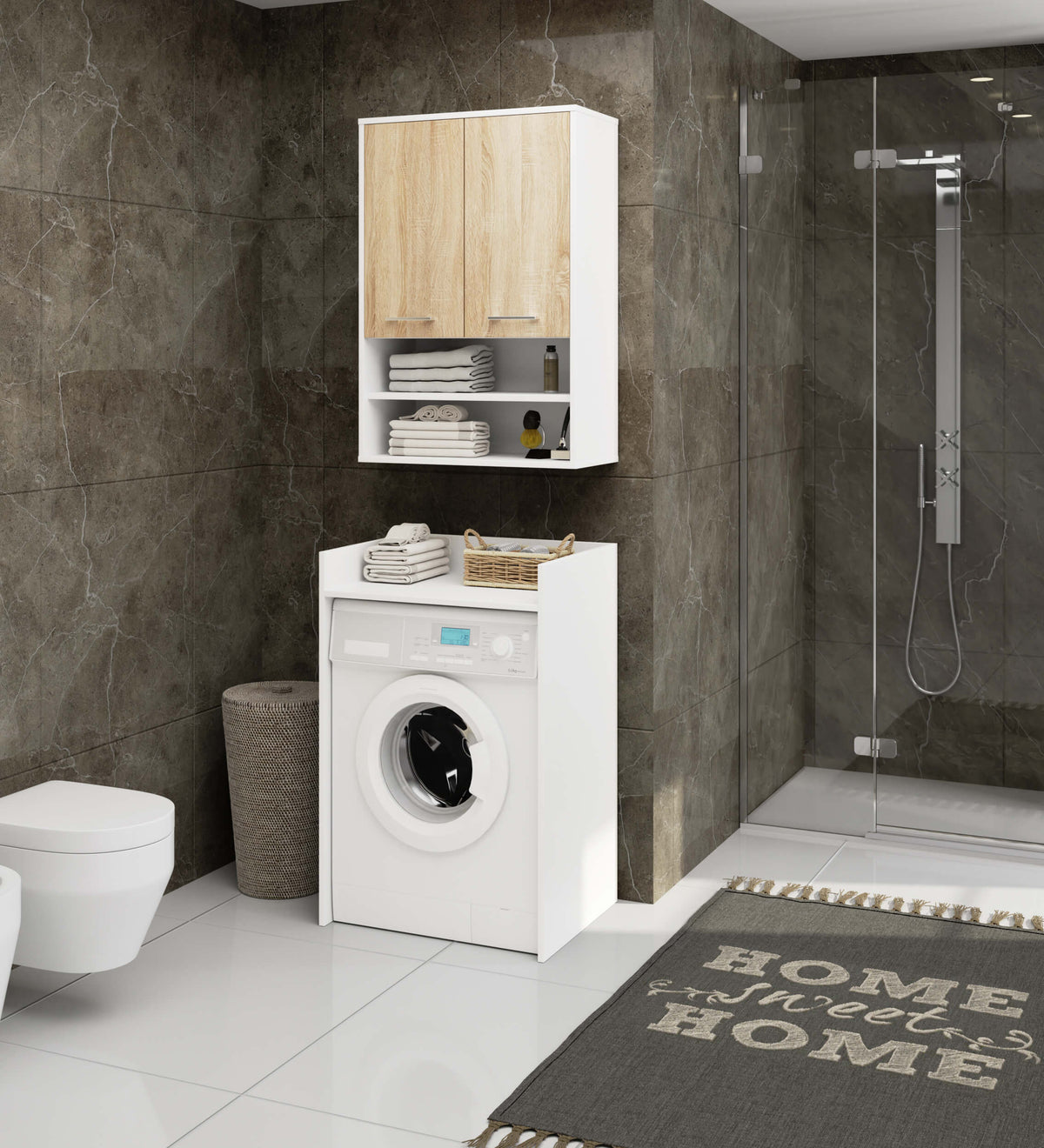 Pensile Bagno Linea 64 cm 2 Ante 4 Ripiani – Bianco/Rovere Sonoma
