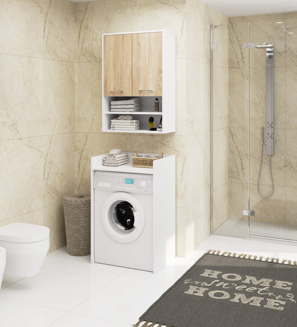 Pensile Bagno Linea 64 cm 2 Ante 4 Ripiani – Bianco/Rovere Sonoma