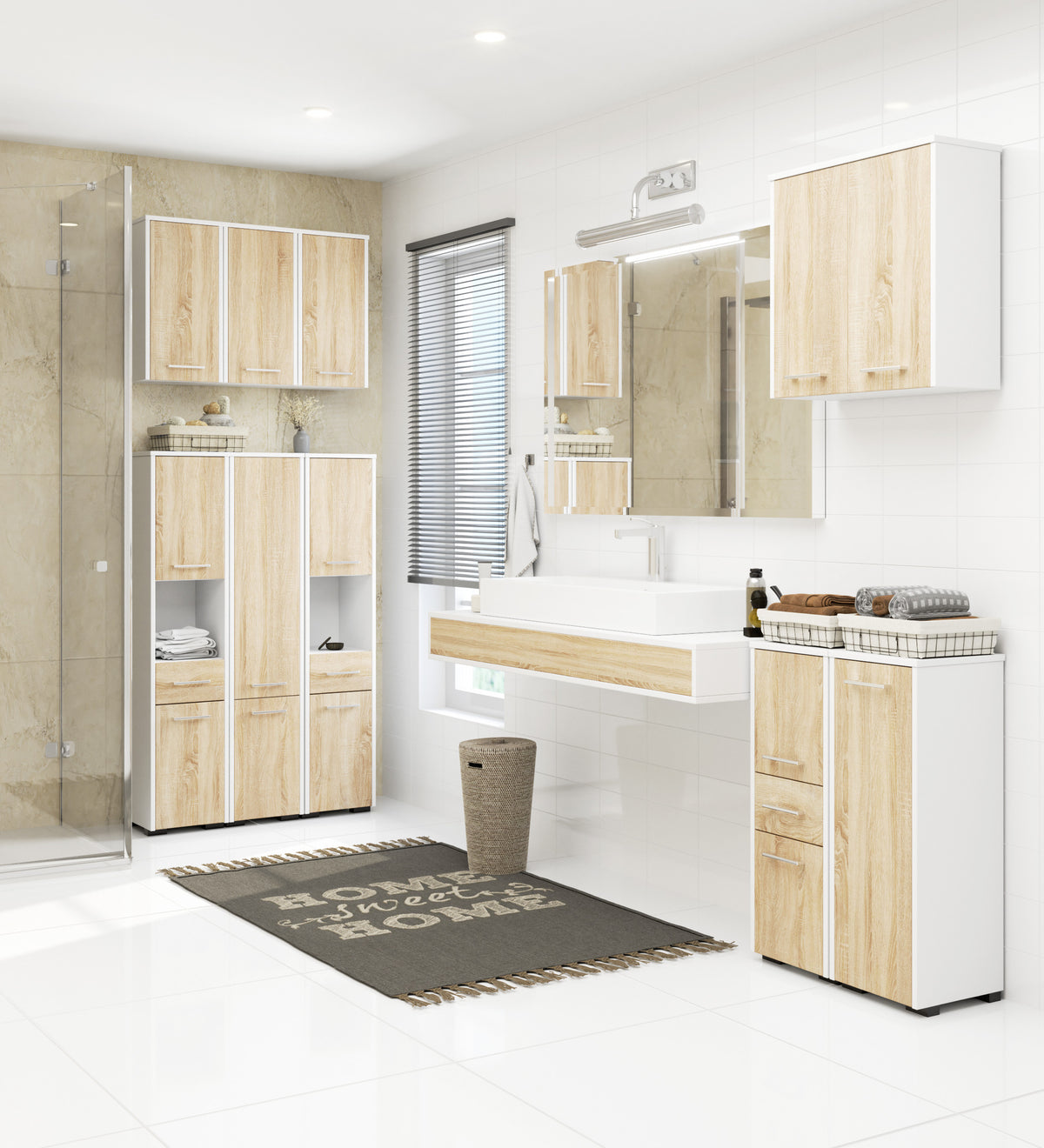 Pensile Bagno Linea 64 cm 2 Ante 4 Ripiani – Bianco/Rovere Sonoma