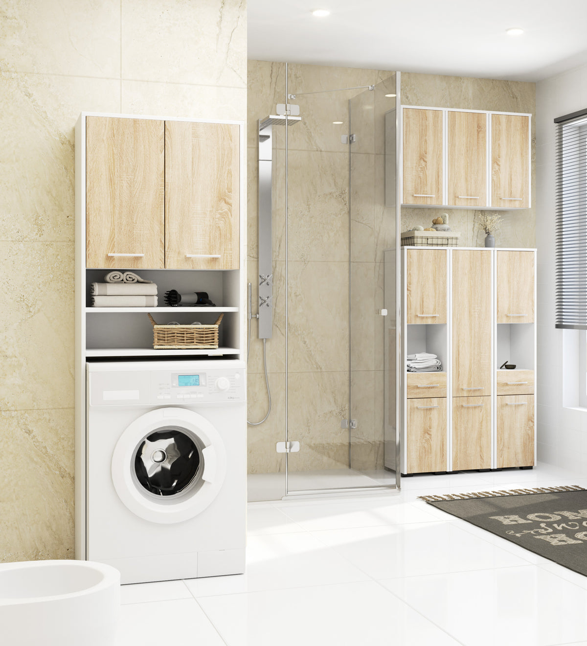 Pensile Bagno Linea 64 cm 2 Ante 4 Ripiani – Bianco/Rovere Sonoma
