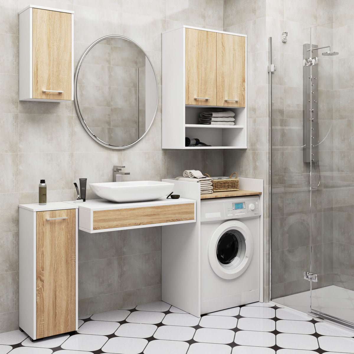 Pensile Bagno Linea 64 cm 2 Ante 4 Ripiani – Bianco/Rovere Sonoma