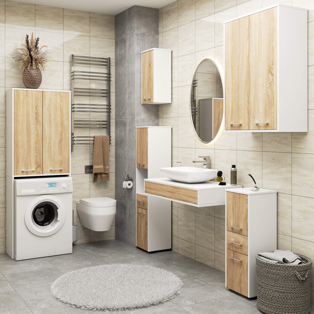 Pensile Bagno Linea 64 cm 2 Ante 4 Ripiani – Bianco/Rovere Sonoma