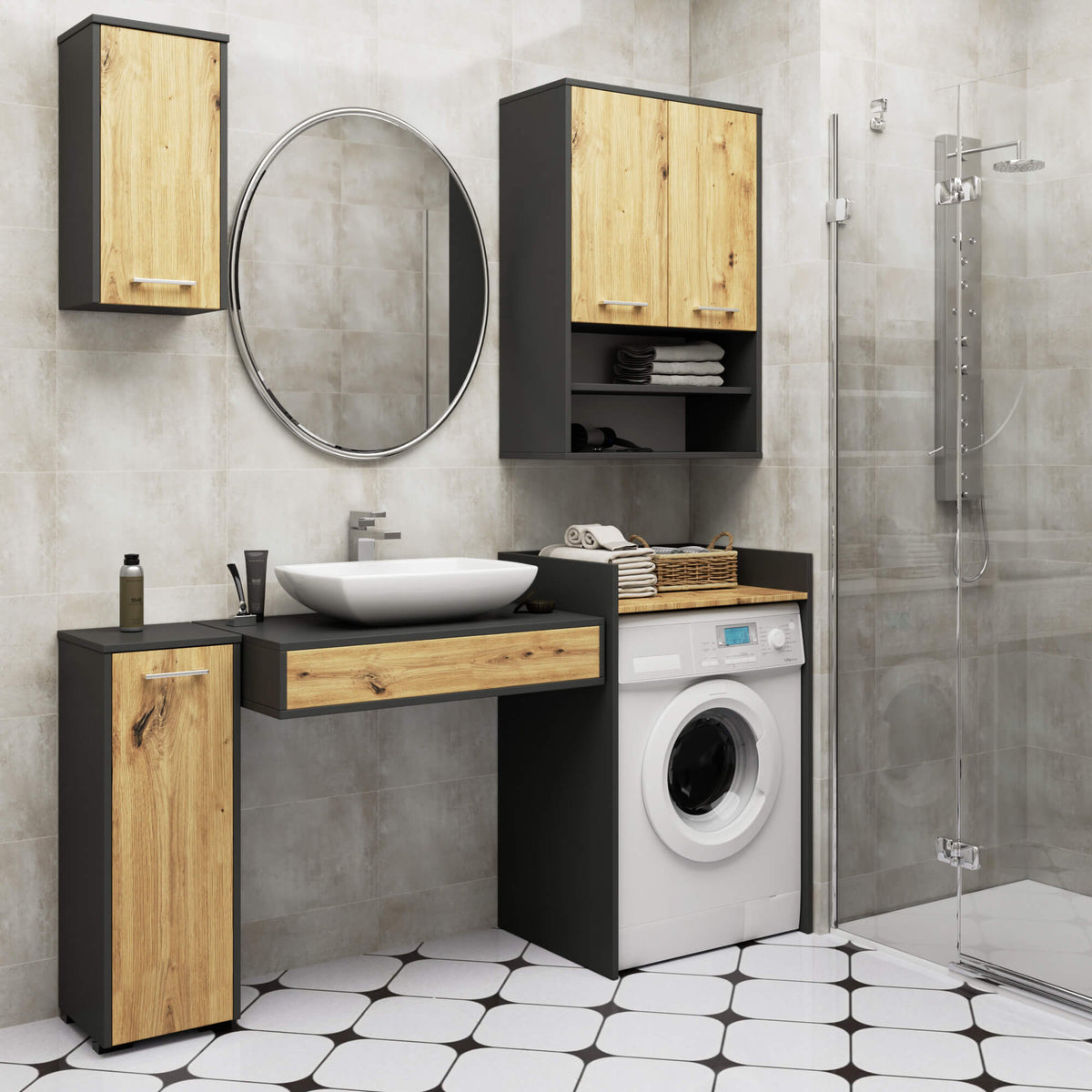 Pensile Bagno 64 cm 2 Ante – Grafite e Rovere Artisan