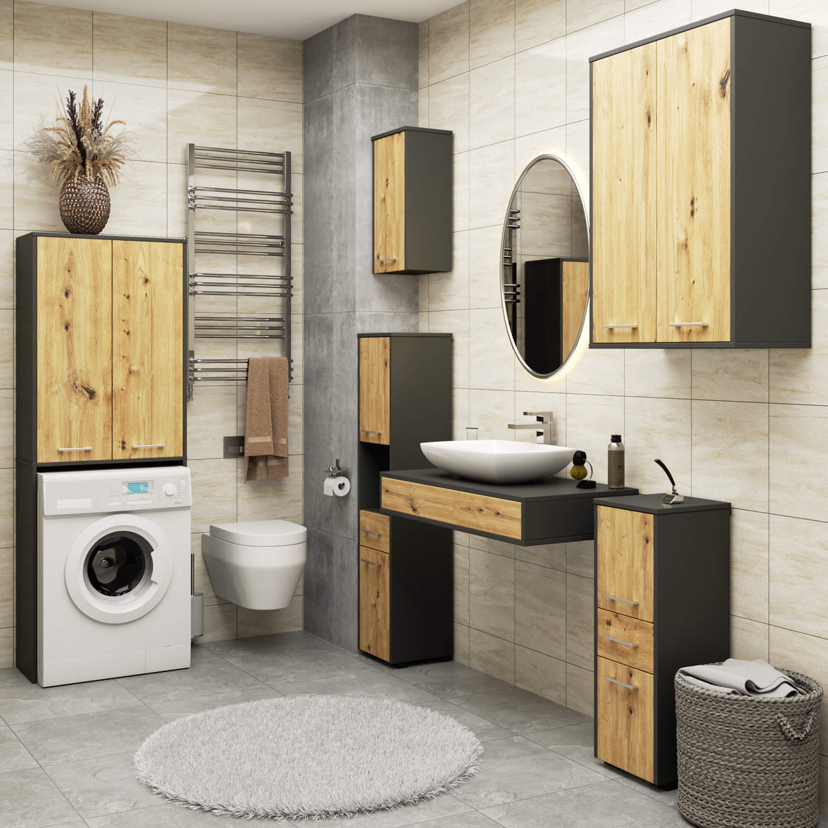 Pensile Bagno 64 cm 2 Ante – Grafite e Rovere Artisan