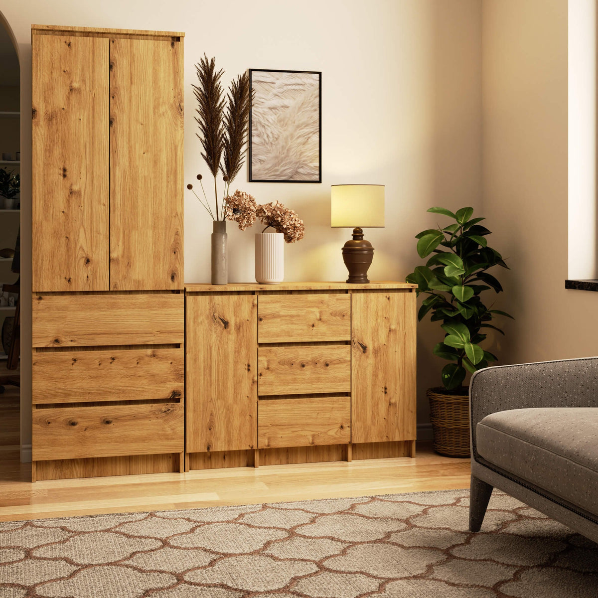 Credenza Linea 100 cm 2 Ante 3 Cassetti – Rovere Artisan