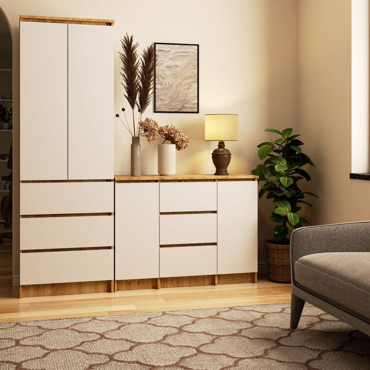 Credenza Linea 100 cm 2 Ante 3 Cassetti – Artisan/Bianco
