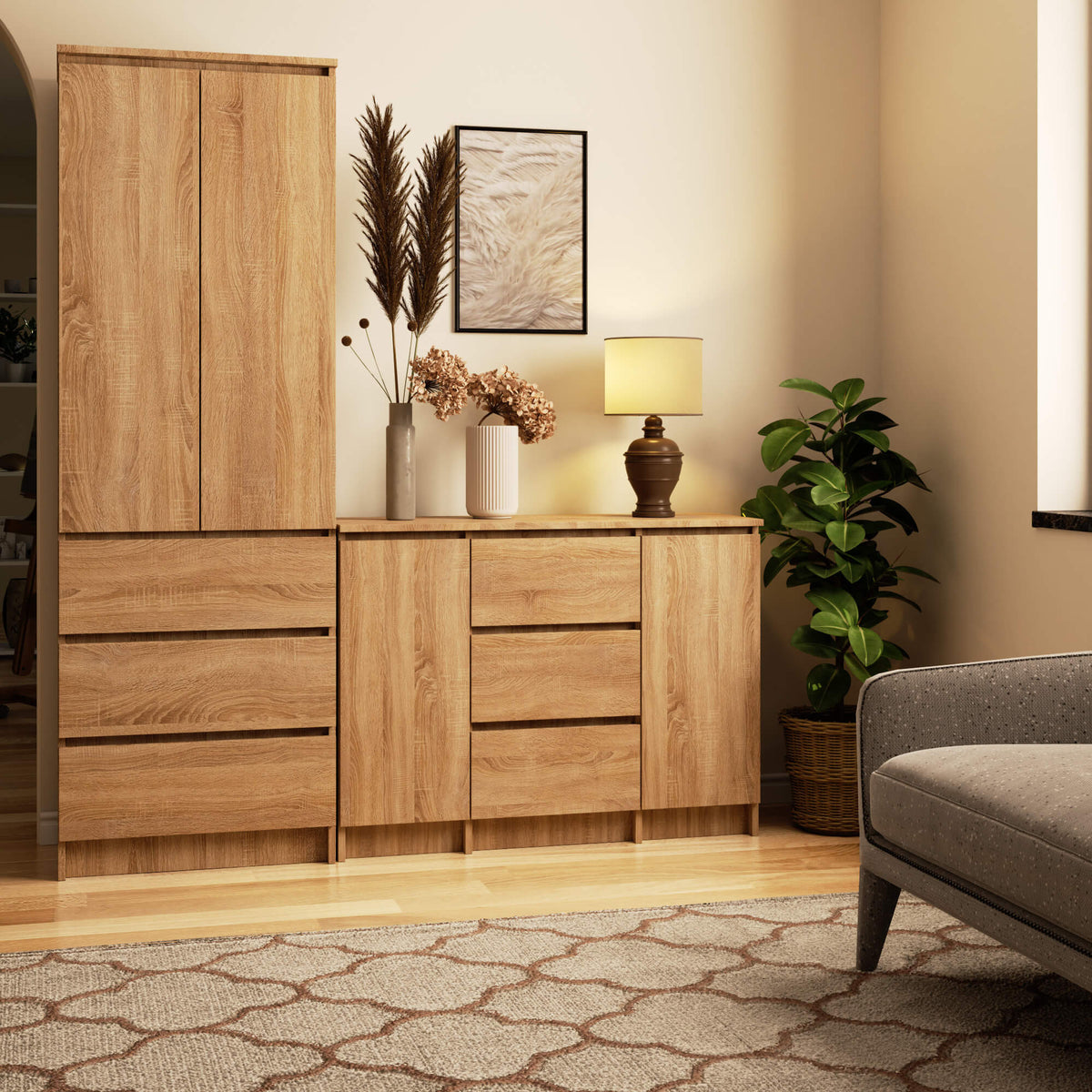 Credenza Linea 100 cm 2 Ante 3 Cassetti – Sonoma