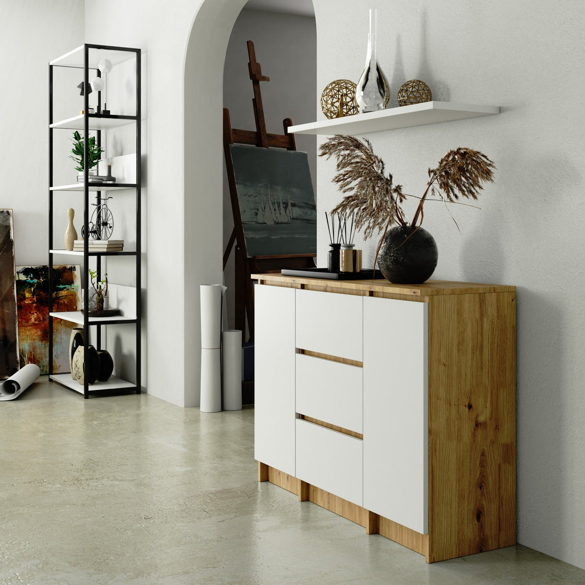 Credenza Linea 100 cm 2 Ante 3 Cassetti – Artisan/Bianco