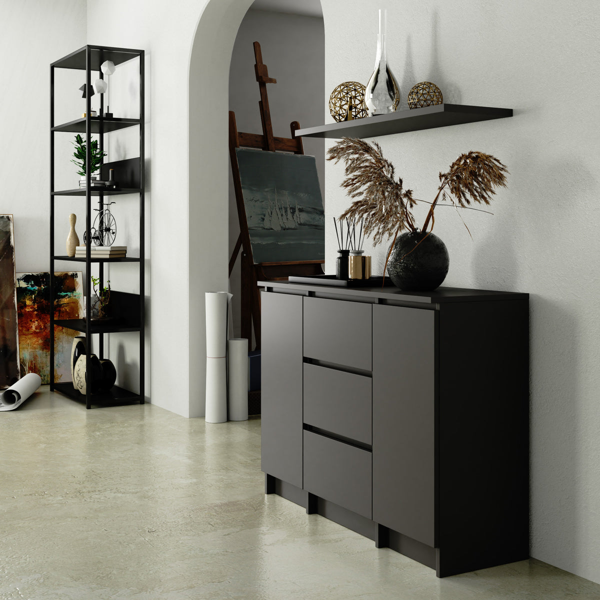 Credenza Linea 100 cm 2 Ante 3 Cassetti – Grafite