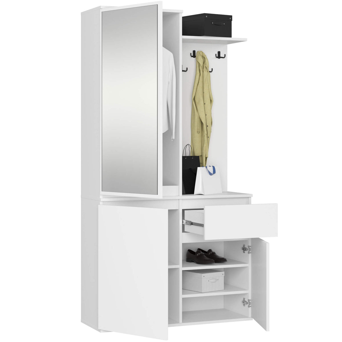 Set Ingresso Entro 95 cm con Specchio e Cassetto – Bianco