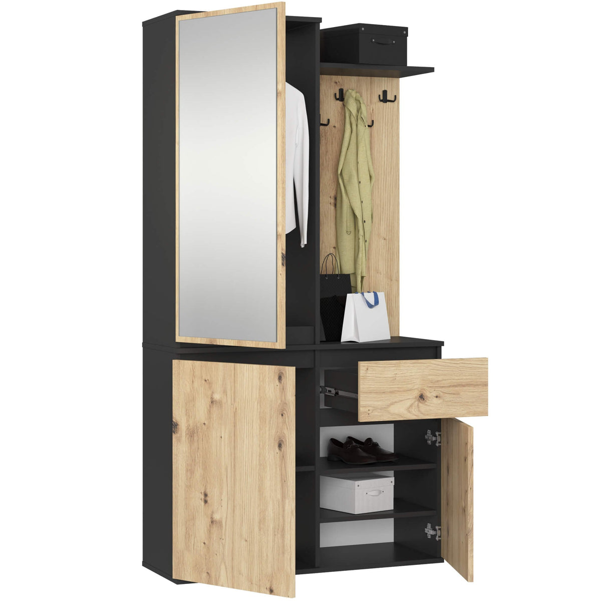 Set Ingresso Entro con Specchio e Cassetto – Nero/Rovere