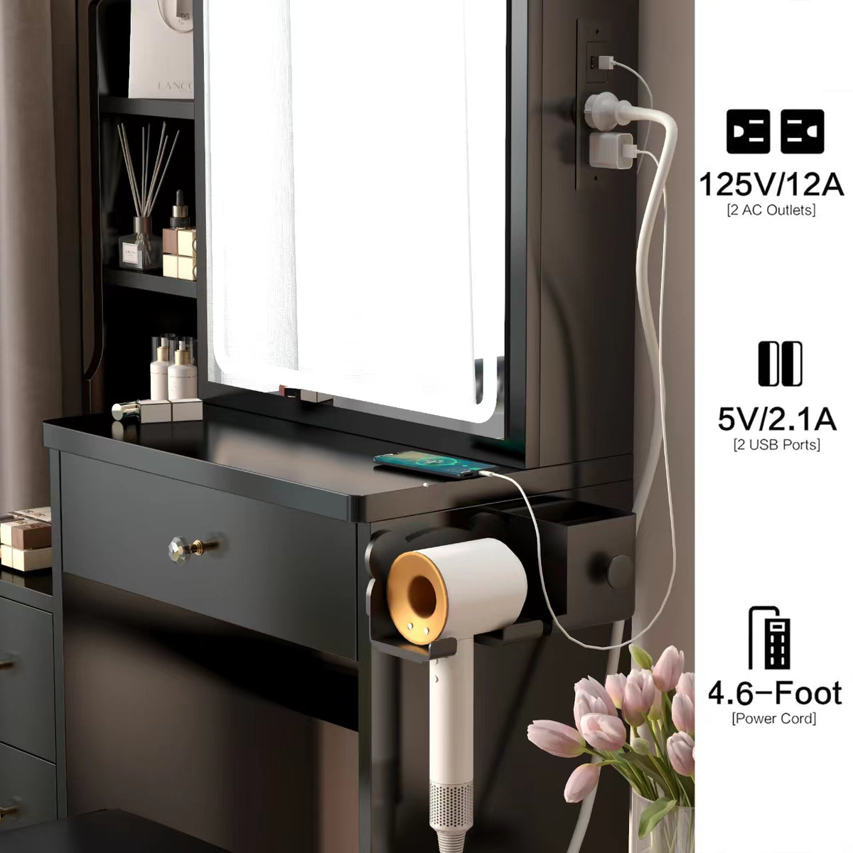 Toeletta Nera Compatta con USB e LED