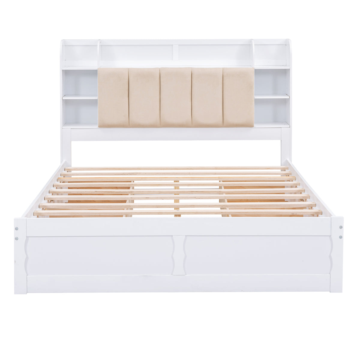 Letto Matrimoniale in Legno con Testiera Contenitore, Ripiani e 4 Cassetti - Bianco