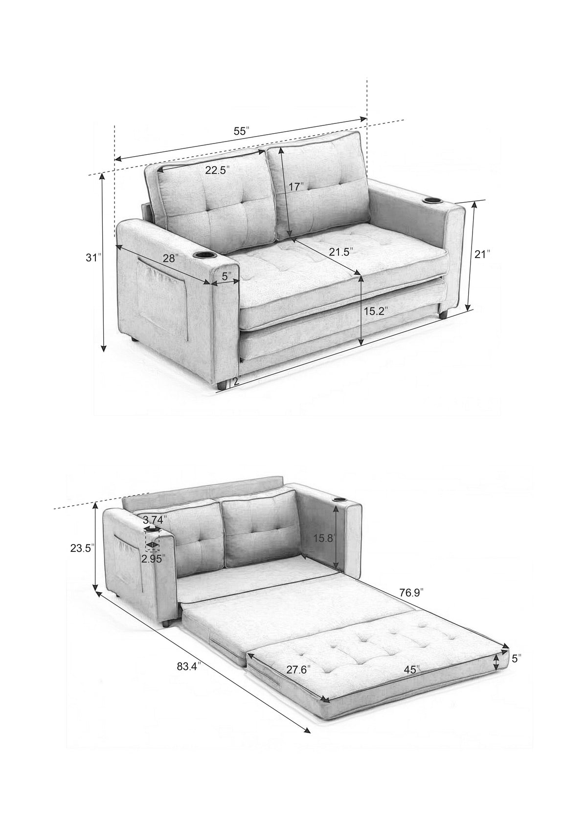 Divano Letto Futon 3 in 1 Grigio Scuro