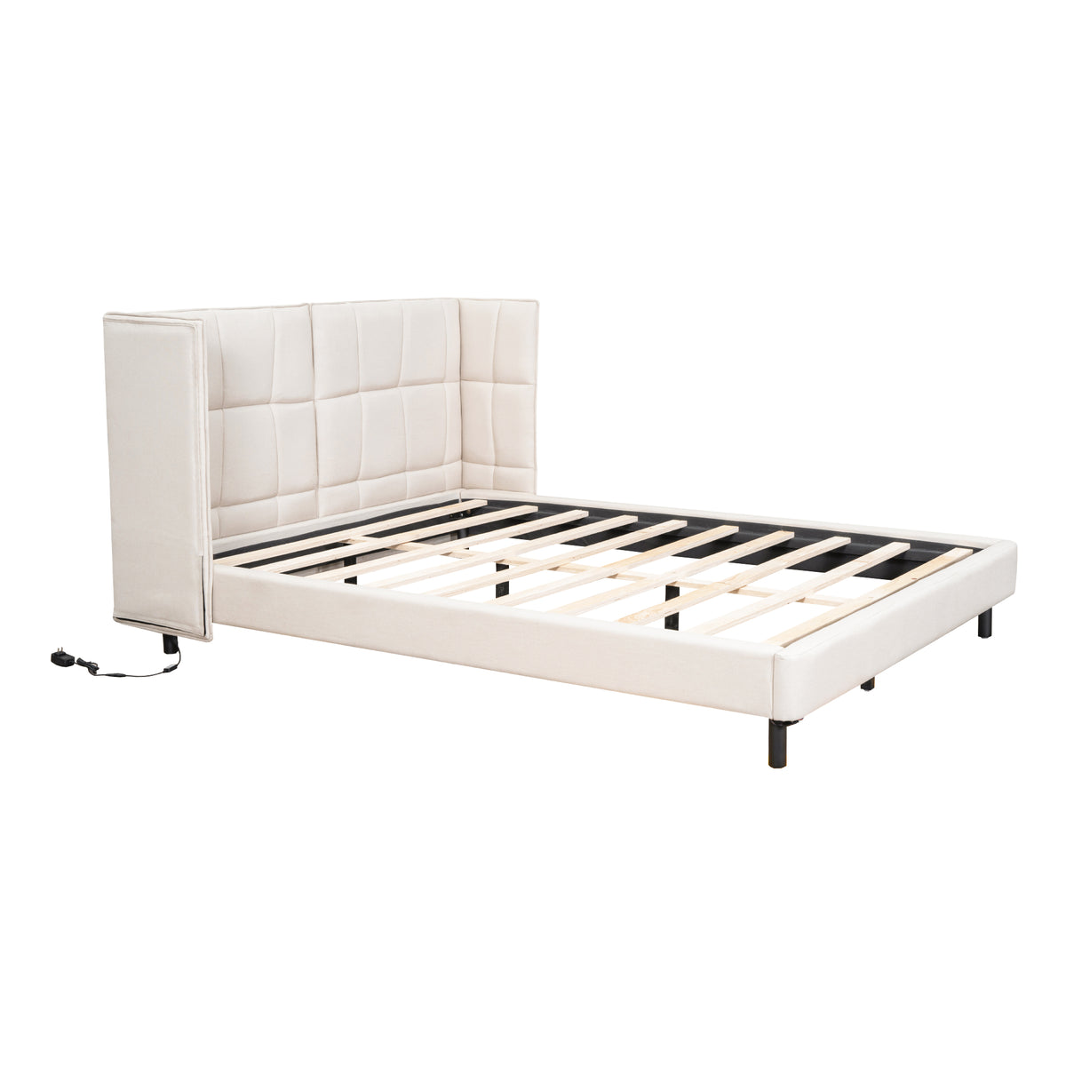 Letto Matrimoniale Imbottito con Luci LED e Testiera a U - Tessuto Lino Beige