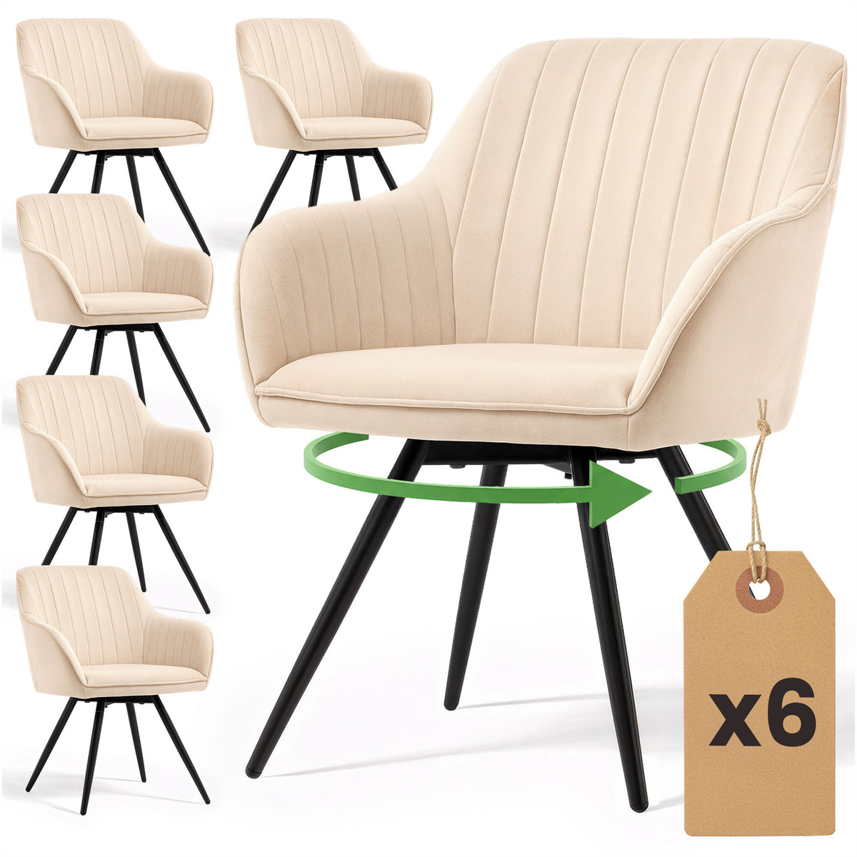 Set 6 Sedie Girevoli Velluto Beige – Gambe Nere