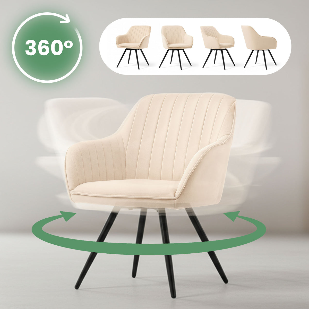 Set 6 Sedie Girevoli Velluto Beige – Gambe Nere