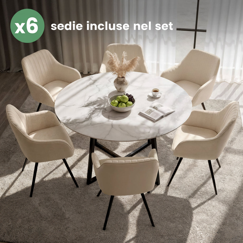 Set 6 Sedie Girevoli Velluto Beige – Gambe Nere