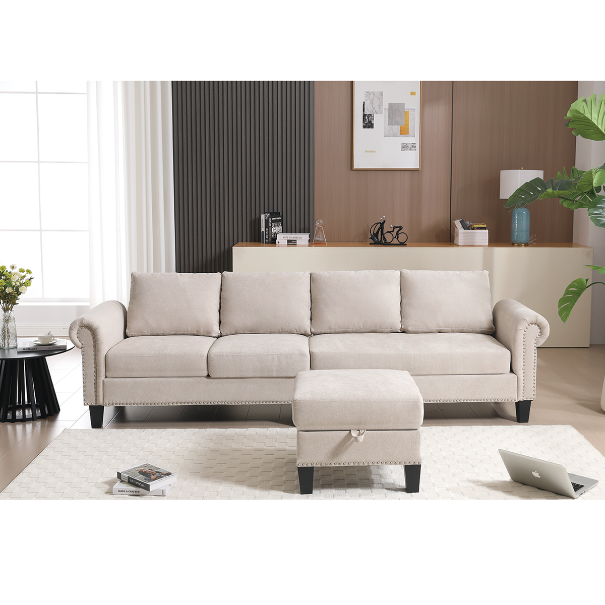 Divano Angolare Lino Beige 4 Posti