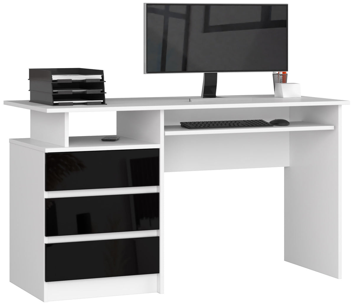 Scrivania 135 cm 3 Cassetti con Ripiano Tastiera – Bianco/Nero Lucido