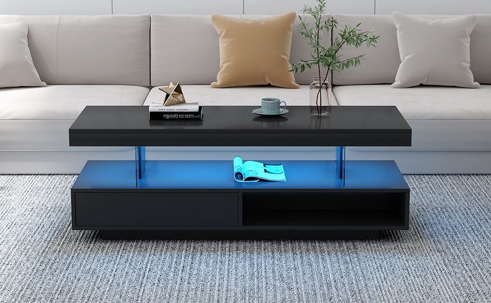 Tavolino Caffè LED Nero 2 Cassetti