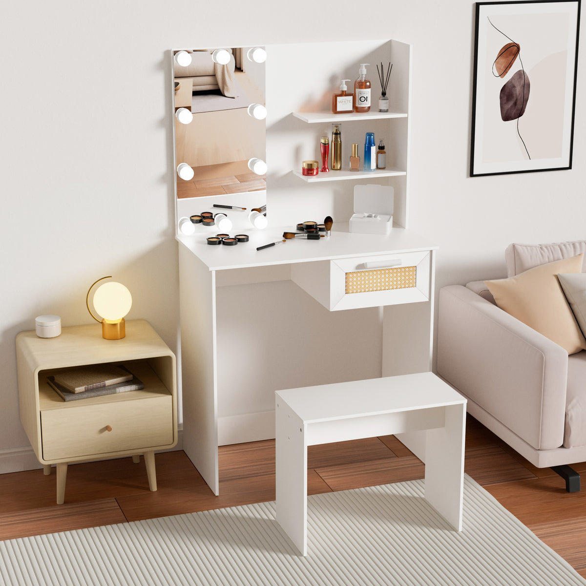 Toeletta Bianca con LED e Cassetti Legno